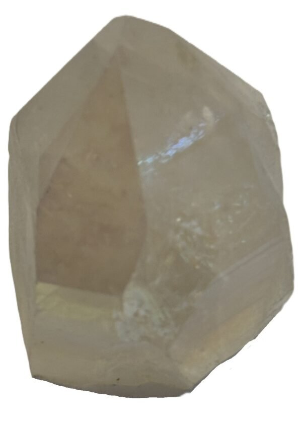 Angel aura quartz polished freeform point b sians emporium Polished angel aura quartz freeform point standing upright with natural striations and cut faceted termination on a plain background